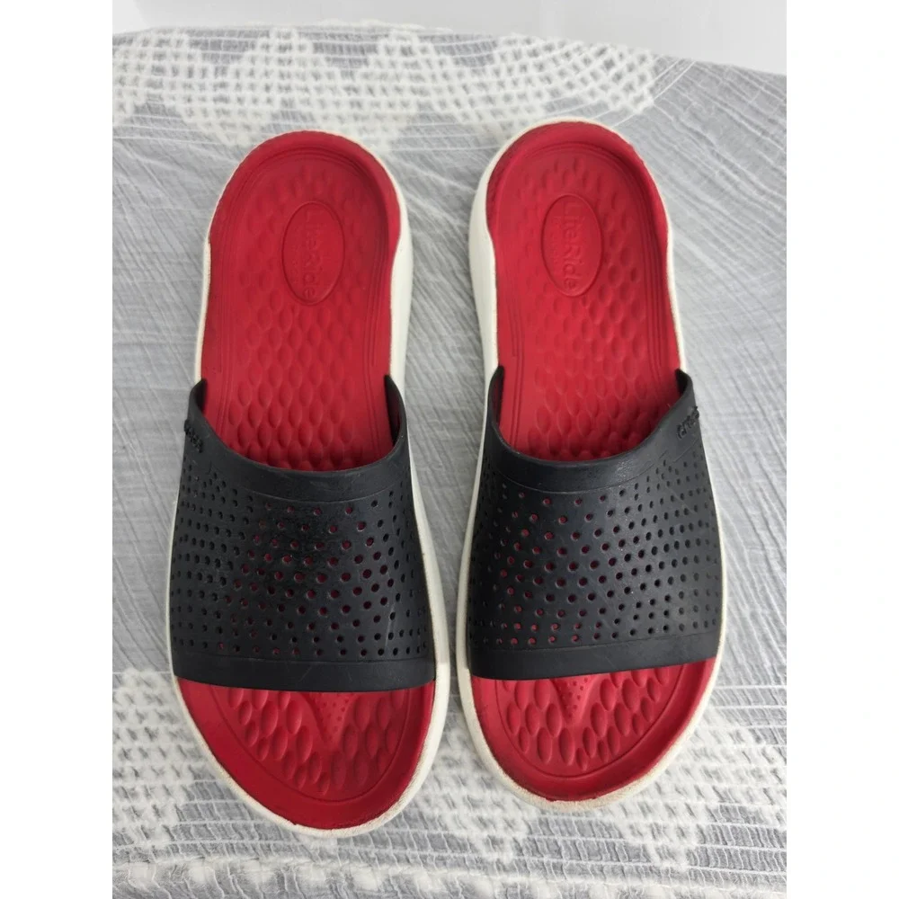 Crocs LiteRide Slides Mens 13 Black Red White Athletic Comfort Sandals 205183